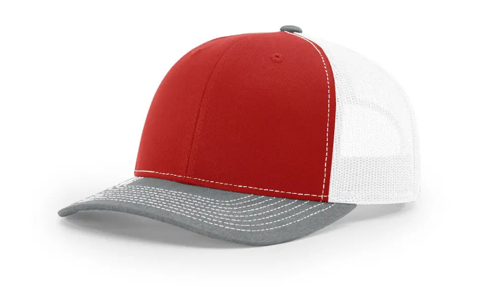 Red and white trucker hat with gray brim and leather patch for first responders or firefighter