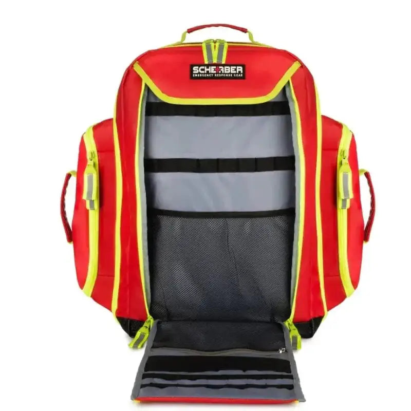 Red and yellow Scherber Ultimate First Responder Trauma O2 Backpack with multiple compartments