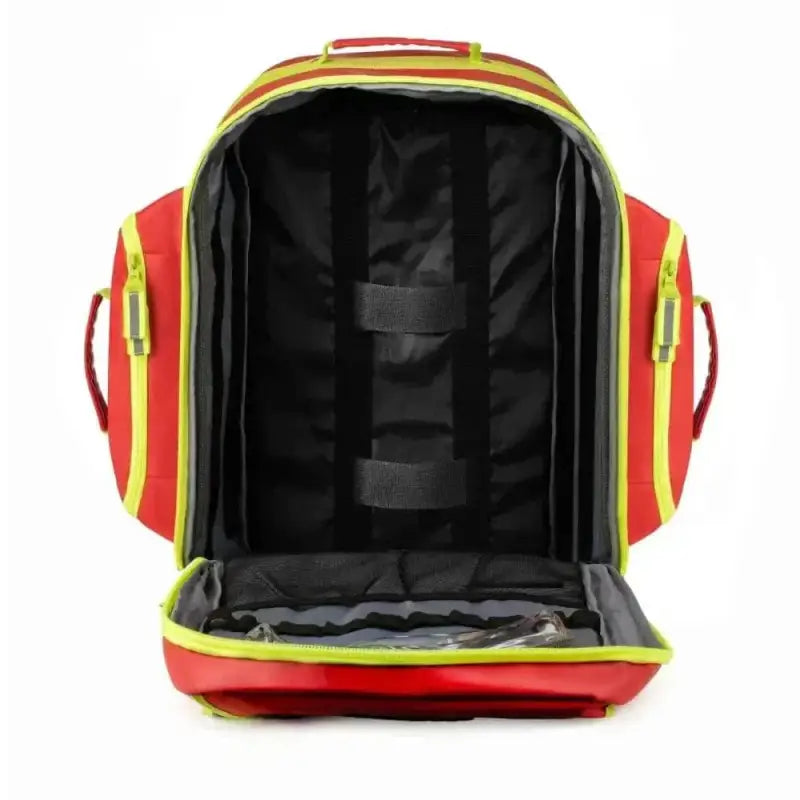 Red and yellow Scherber Ultimate First Responder Trauma O2 Backpack with open black interior