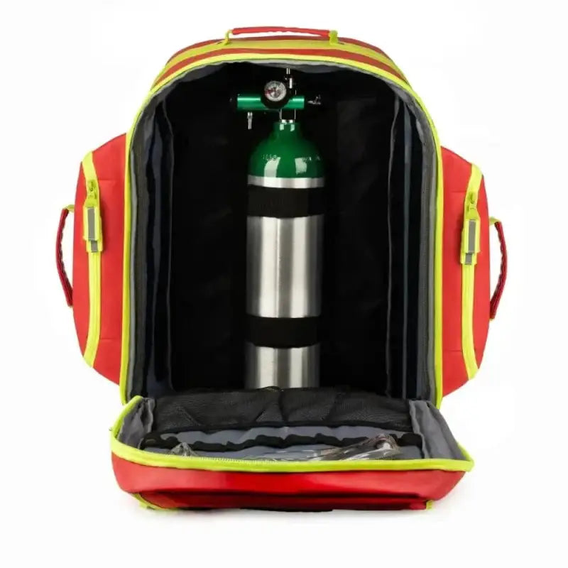 Red and yellow Scherber Ultimate trauma O2 backpack with metal oxygen cylinder inside