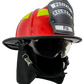 Red and yellow firefighter helmet from Pacific F18 traditional style structural firefighting gear