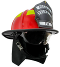 Red and yellow firefighter helmet from Pacific F18 traditional style structural firefighting gear