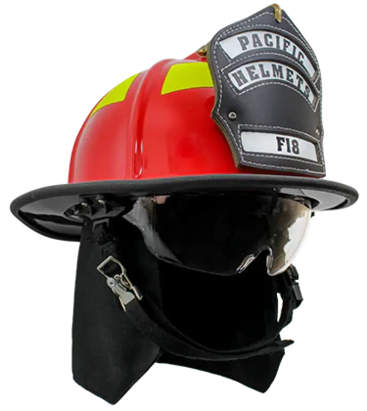 Red and yellow firefighter helmet from Pacific F18 traditional style structural firefighting gear