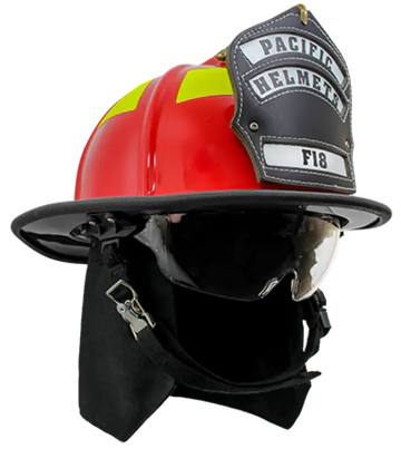Red and yellow firefighter helmet from Pacific F18 traditional style structural firefighting gear