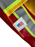 Akron Quick Attack Firefighting Nozzle Cover with red yellow and gray materials and Made in U.S.A. tag