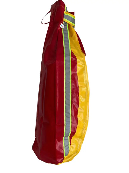 Red and yellow rescue bag with reflective stripe for ElkHart Brass firefighting nozzle cover