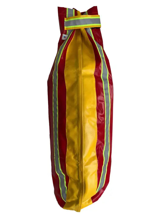 Red and yellow striped safety bag for Akron Quick Attack Firefighting Nozzle Cover