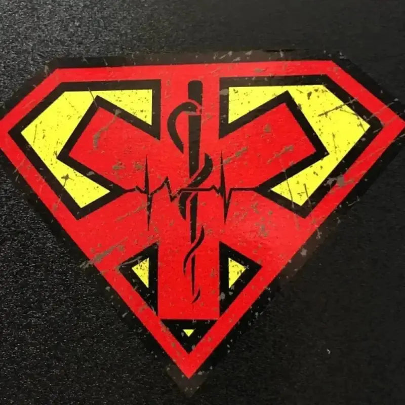 Red and yellow Super EMS Red logo featuring caduceus and heartbeat in a shield design