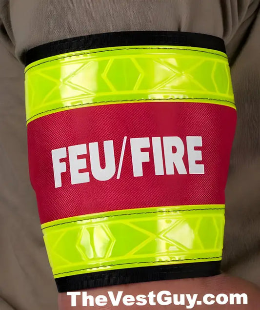 Reflective armband for first responders with FEU FIRE text on red and fluorescent yellow bands