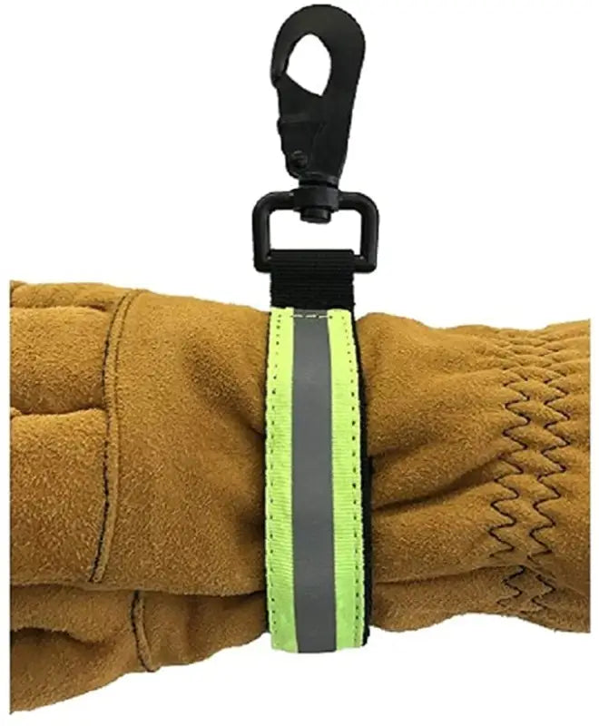 Reflective neon yellow gray firefighter glove strap with black clip attachment