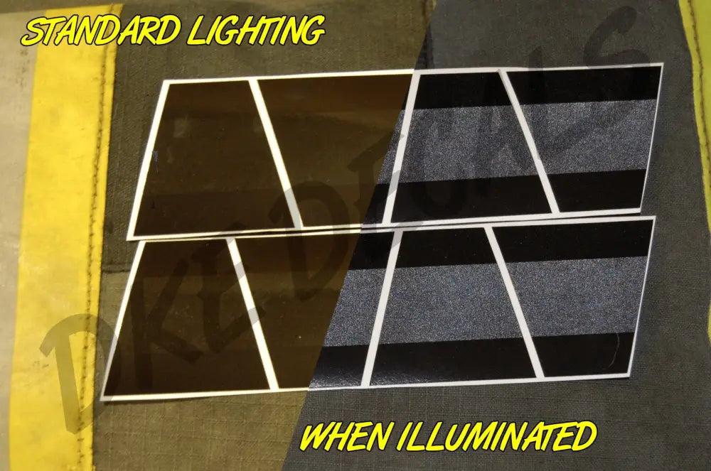 Reflective safety tape in grey triple stripe under standard and illuminated lighting