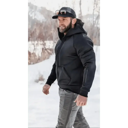 Black Hooded Winter Jacket with Smart Pockets and Cargo Pants from Rendition Jacket Elite