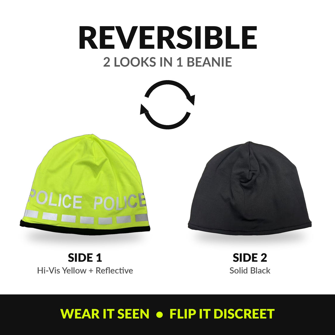 Reversible police beanie showing hi-vis yellow side with reflective POLICE lettering and solid black side