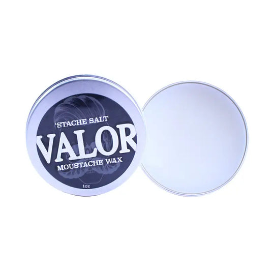 Open round tin of Valor brand mustache wax from the Valor Beard & Mustache Pack