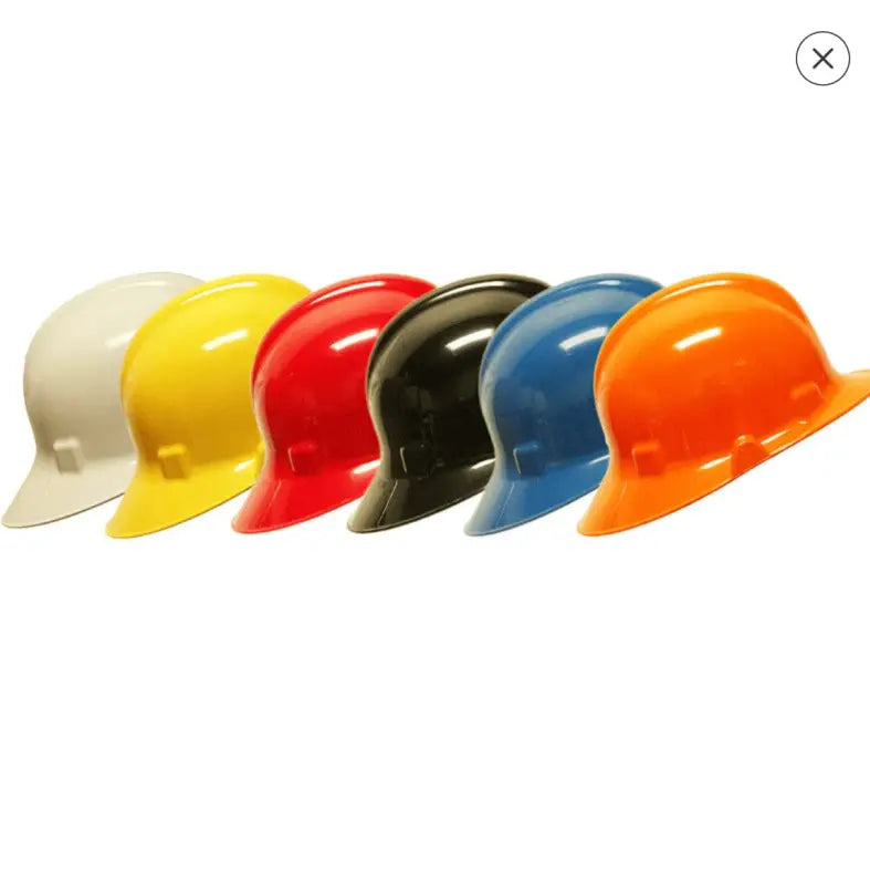 Colorful construction hard hats including black helmet and yellow helmet for structural safety