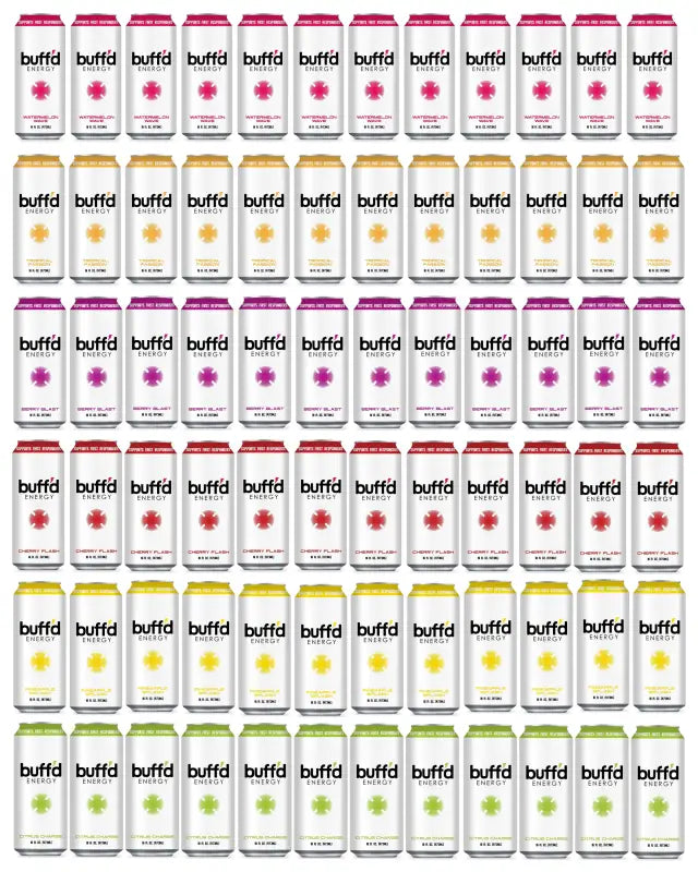 Rows of Buff’d Energy cans in a Mega Pack featuring vibrant pink and green accents