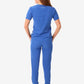 Royal blue women’s stash-pocket scrub top with short sleeves and jogger-style pants