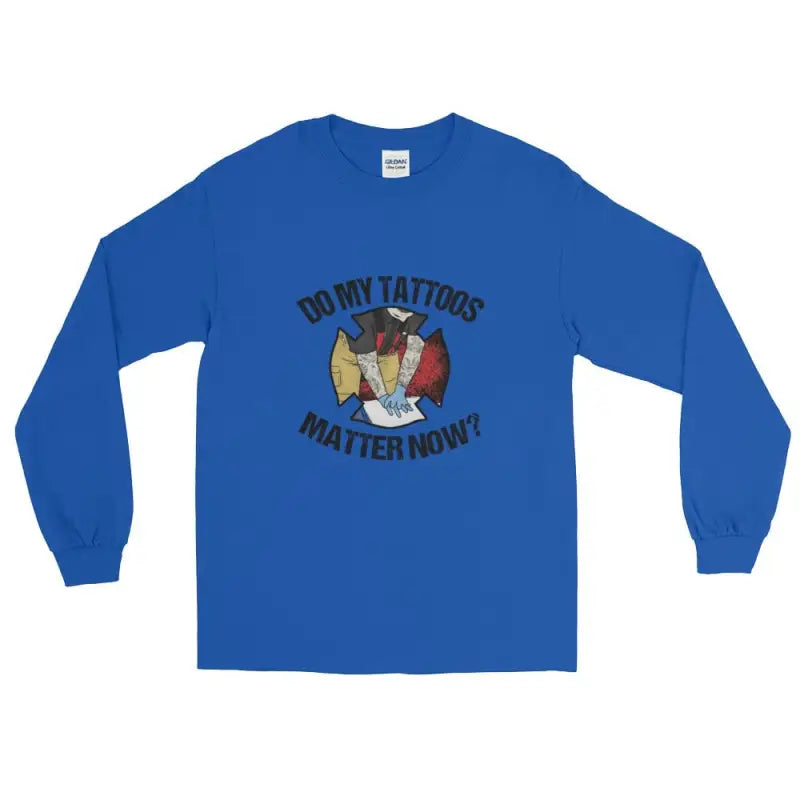 Royal blue firefighter long sleeve with tattoos matter eagle design and ribbed cuffs