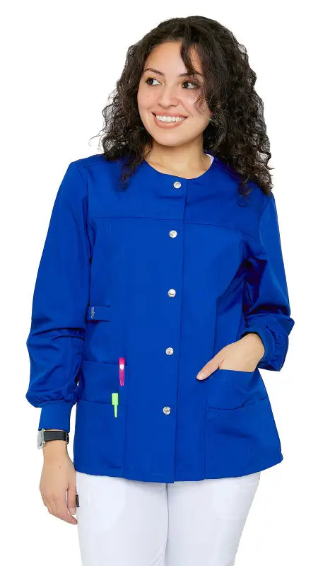 Royal blue women’s snap jacket warm up uniform scrub with ribbed sleeves and pockets