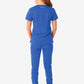 Royal blue women’s tuckable one-pocket scrub top with short sleeves, back view