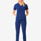 Royal blue women’s stash-pocket scrub uniform with v-neck top and matching pants