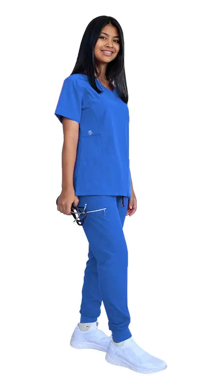 Royal blue stretch slim fit zipper jogger uniform with matching top and pants