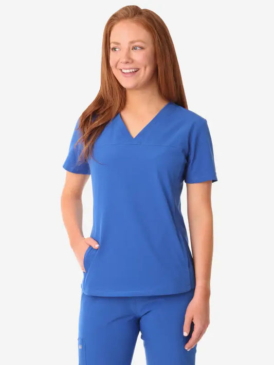 Royal blue women’s stash-pocket scrub top with v-neck and short sleeves