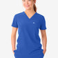 Royal blue women’s tuckable one-pocket scrub top with v-neck and short sleeves