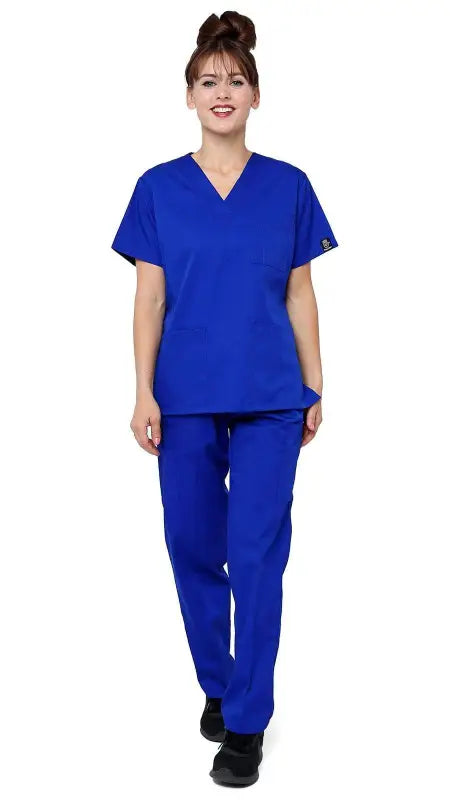 Royal blue women’s classic 8 pocket uniform scrubs with v-neck and pen slot