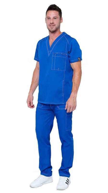 Royal blue Men’s Multi Pocket Utility Medical Scrubs with white sneakers for comfort