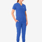 Royal blue women’s tuckable one-pocket scrub uniform with jogger-style pants and v-neck top