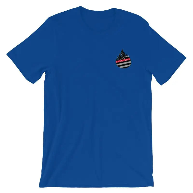 Royal blue t-shirt with American flag emblem, perfect for tattoos matter enthusiasts