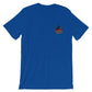 Royal blue firefighter short sleeve t-shirt with American flag emblem, tattoos matter design