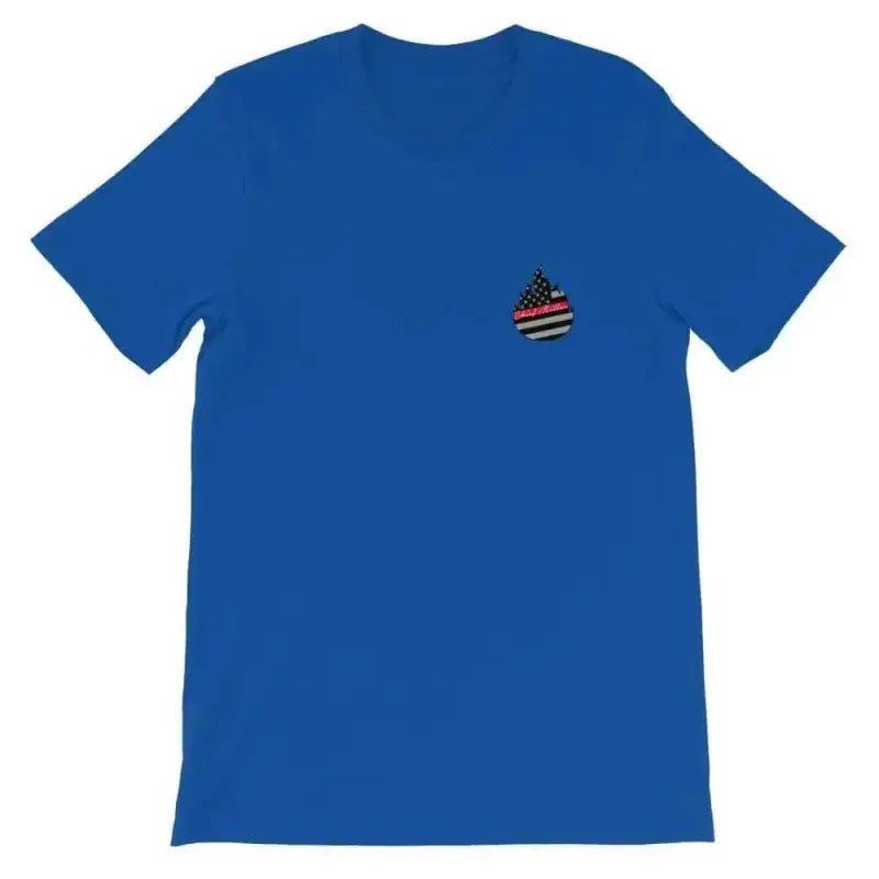 Royal blue short-sleeve unisex t-shirt with American flag logo on chest