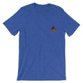 Royal blue Skylight Specialist t-shirt with American flag logo on chest, athletic heather style