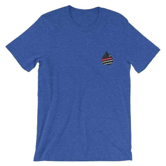 Royal blue Skylight Specialist t-shirt with American flag logo on chest, athletic heather style