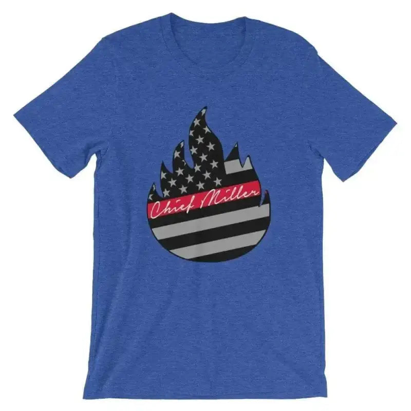 Royal blue t-shirt with American flag flame design and red script text in Signature style