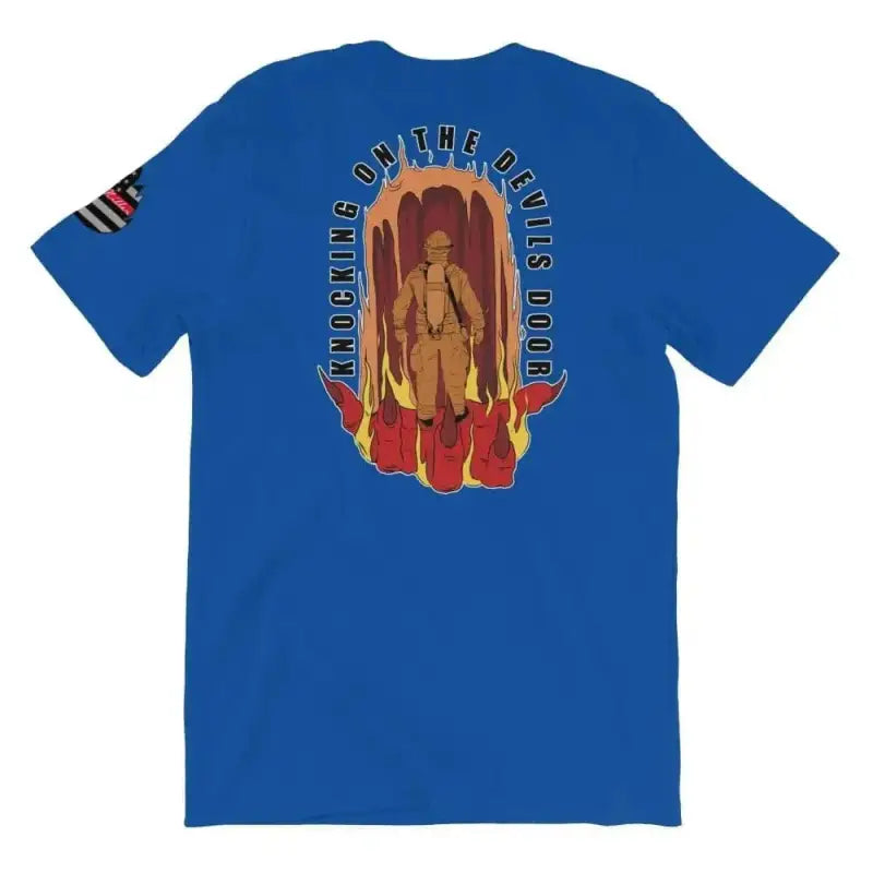 Royal blue t-shirt with circular graphic, Knocking On The Devils Door logo on back