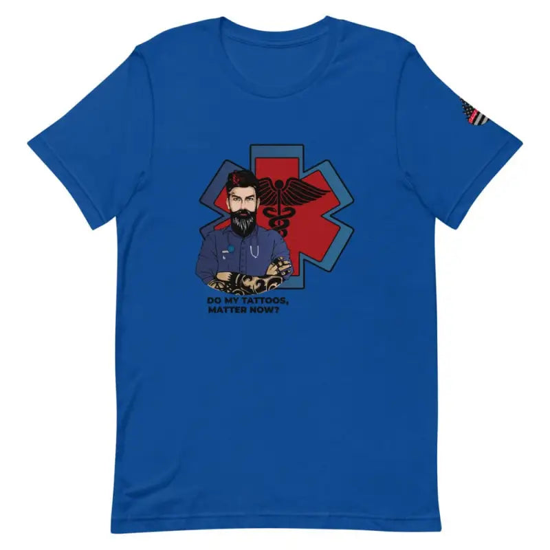 Royal blue t-shirt with cartoon EMT and medical star of life symbol in Prism Dusty design