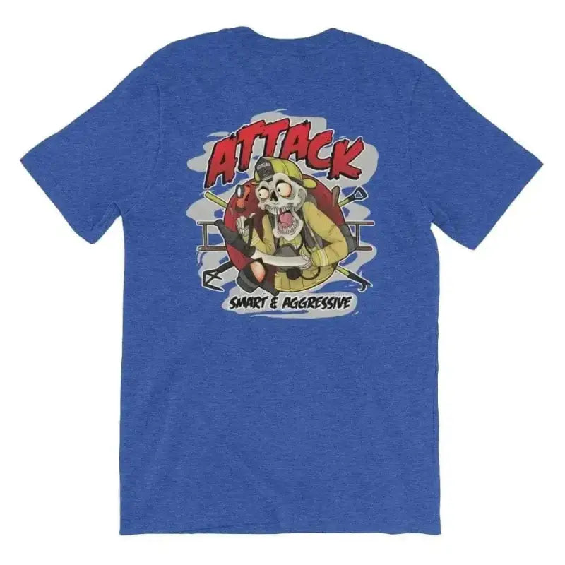 Royal blue t-shirt with cartoon ATTACK graphic, available in Heather Midnight Navy and more