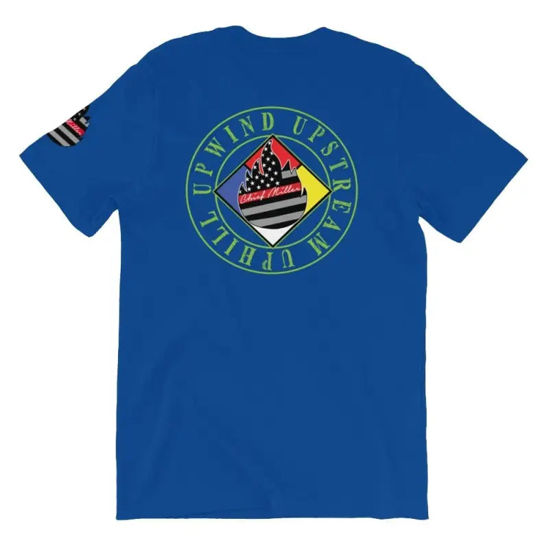 Royal blue Chief Miller Hazmat t-shirt with American flag logo and text design