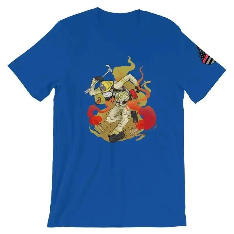 Royal blue t-shirt with colorful cartoon samurai warrior design on back, Punk style