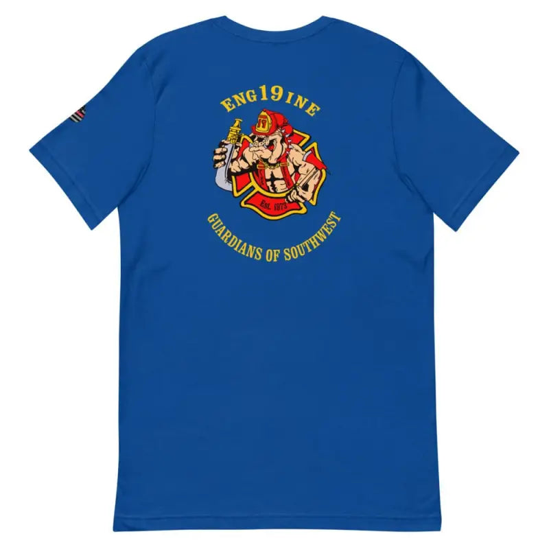 Royal blue short-sleeve t-shirt with Firefighter emblem and ENG191NE text design