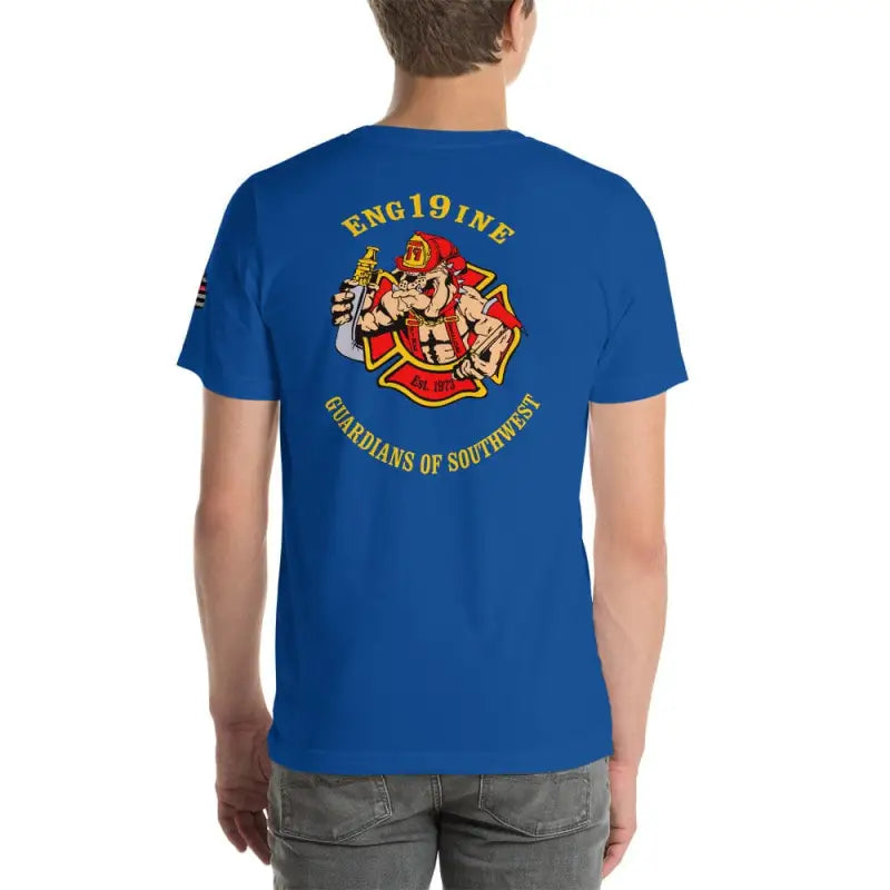 Royal blue Engine 19 Short-Sleeve T-Shirt with firefighter emblem, perfect for fans