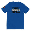 Royal blue short sleeve t-shirt with IT’S IN MY DNA text and DNA helix graphic design
