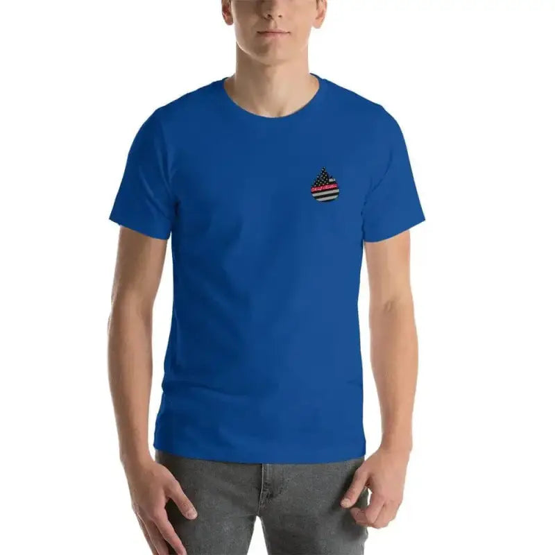 Royal blue Short-Sleeve Unisex T-Shirt with rainbow emblem on chest in Dark Grey Heather