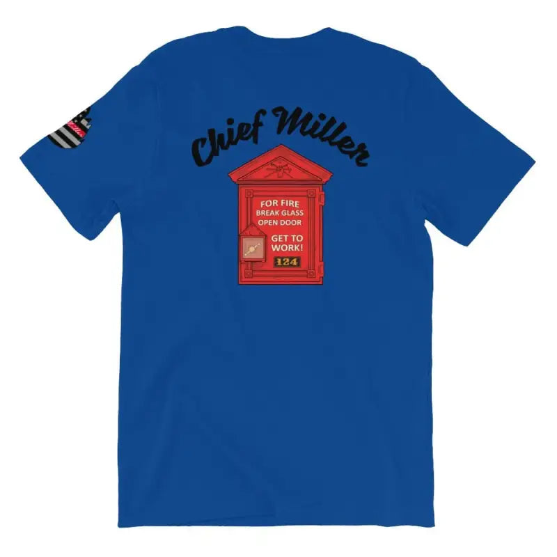 Royal blue short sleeve t-shirt with red fire alarm box and Chief Miller design