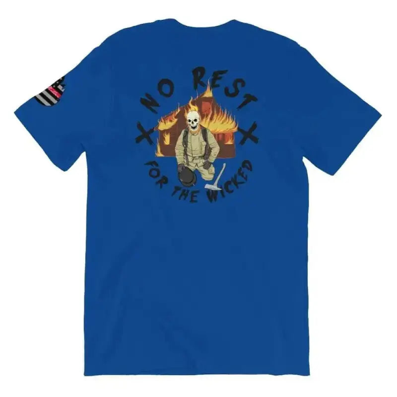 Royal blue short sleeve t-shirt with skeleton and flames, featuring No Rest for the Wicked design