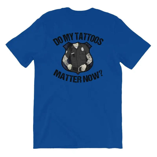 Royal blue t-shirt with tattoos matter text and tattooed police vest illustration