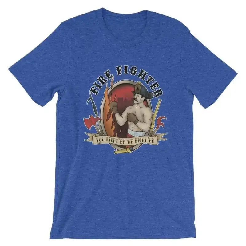 Royal blue t-shirt with vintage boxing emblem from You Light’em We Fight’em collection